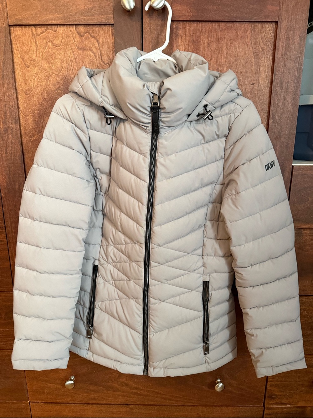 DKNY Light Gray Quilted Hooded Puffer Jacket